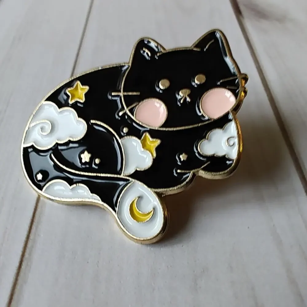 Black Cat Clouds, Stars, Moon Pin Gothic Witchy Halloween Occult Cat Lapel Pin